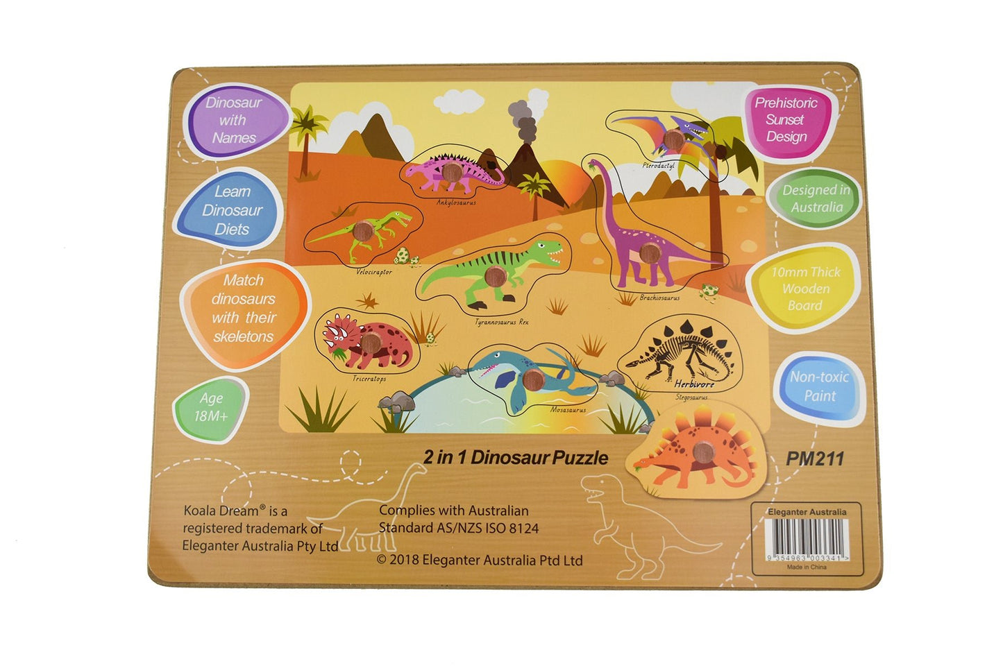 Colorful 2-in-1 Dinosaur Peg Puzzle for kids, promotes learning and hand-eye coordination.