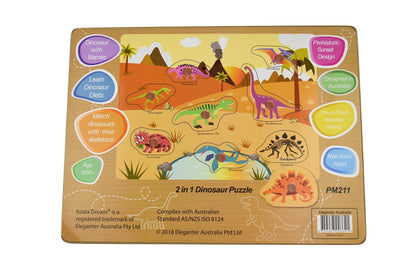 Colorful 2-in-1 Dinosaur Peg Puzzle for kids, promotes learning and hand-eye coordination.