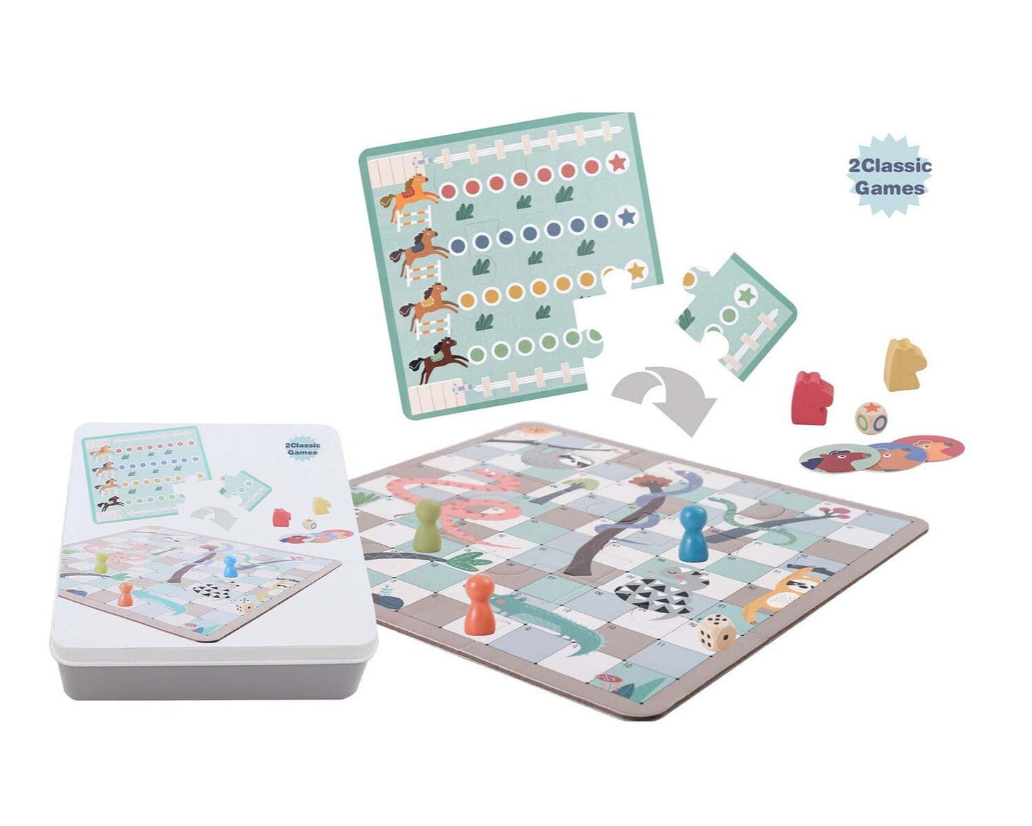 Kids 2-in-1 game in tin box with Snake and Ladder and Horse Racing, perfect for family fun