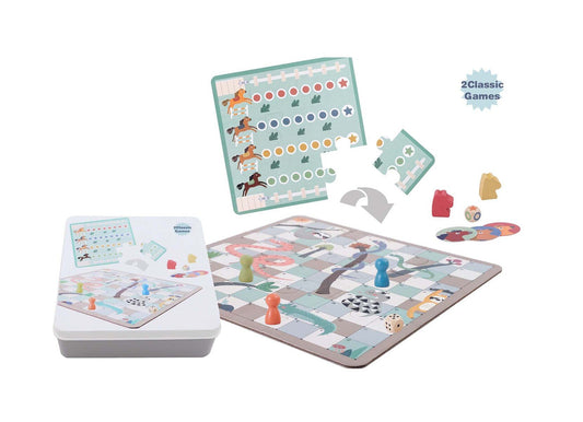 Kids 2-in-1 game in tin box with Snake and Ladder and Horse Racing, perfect for family fun