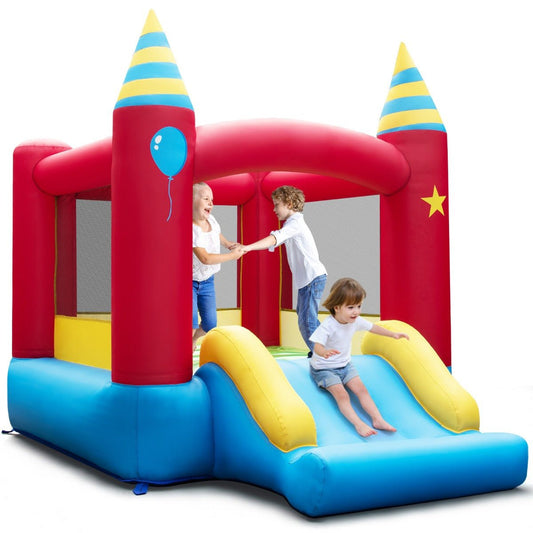 Kids inflatable bounce house with slide and carry bag, perfect for home fun activities.