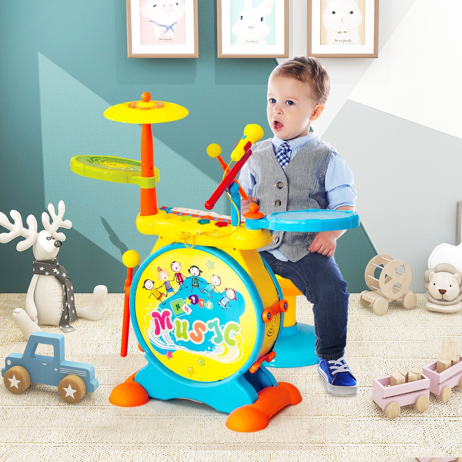 Children's Electronic Drum Kit - 2-in-1 Toy with Keyboard & Microphone