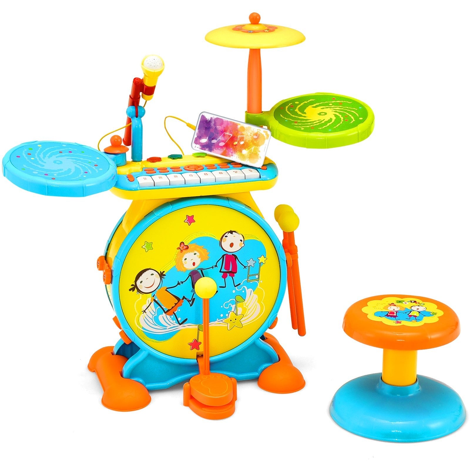 2-in-1 Kids Electronic Drum Kit Toy - Blue with Keyboard & Microphone