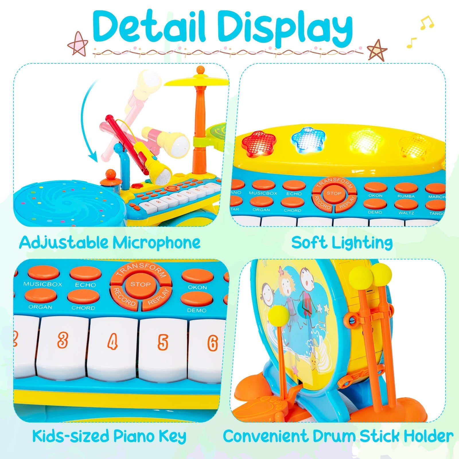 Kid's Interactive Drum Kit Toy - 2-in-1 Electronic with Keyboard & Microphone