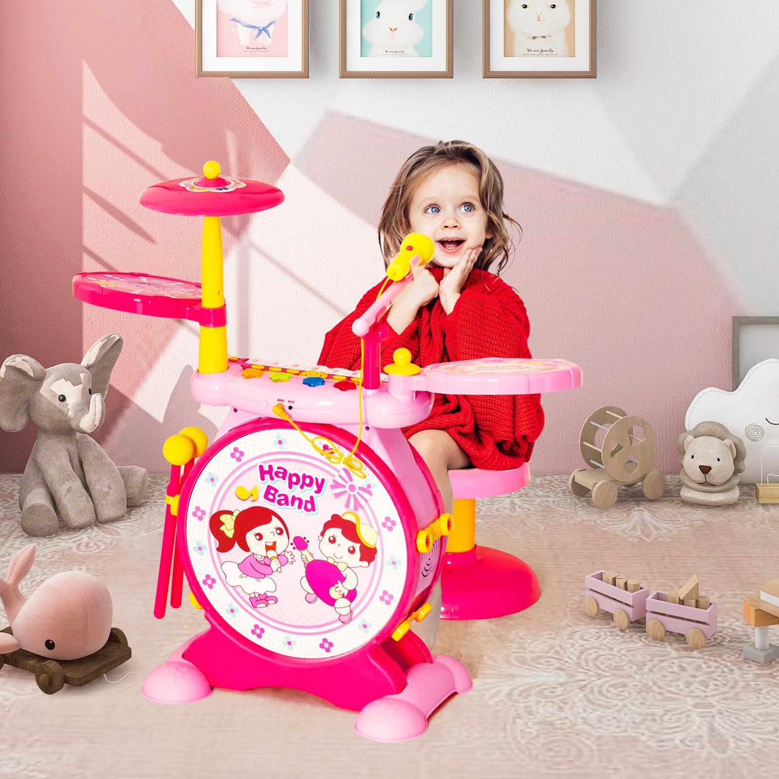 Children's Electronic Drum Kit - 2-in-1 Toy with Keyboard & Microphone in Pink