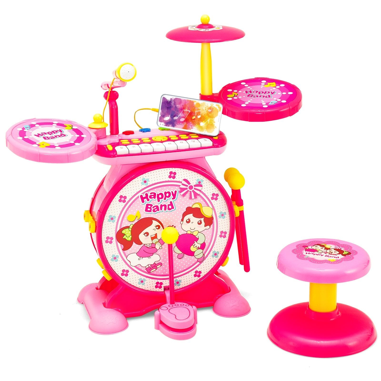 2-in-1 Kids Electronic Drum Kit Toy - Pink with Keyboard & Microphone