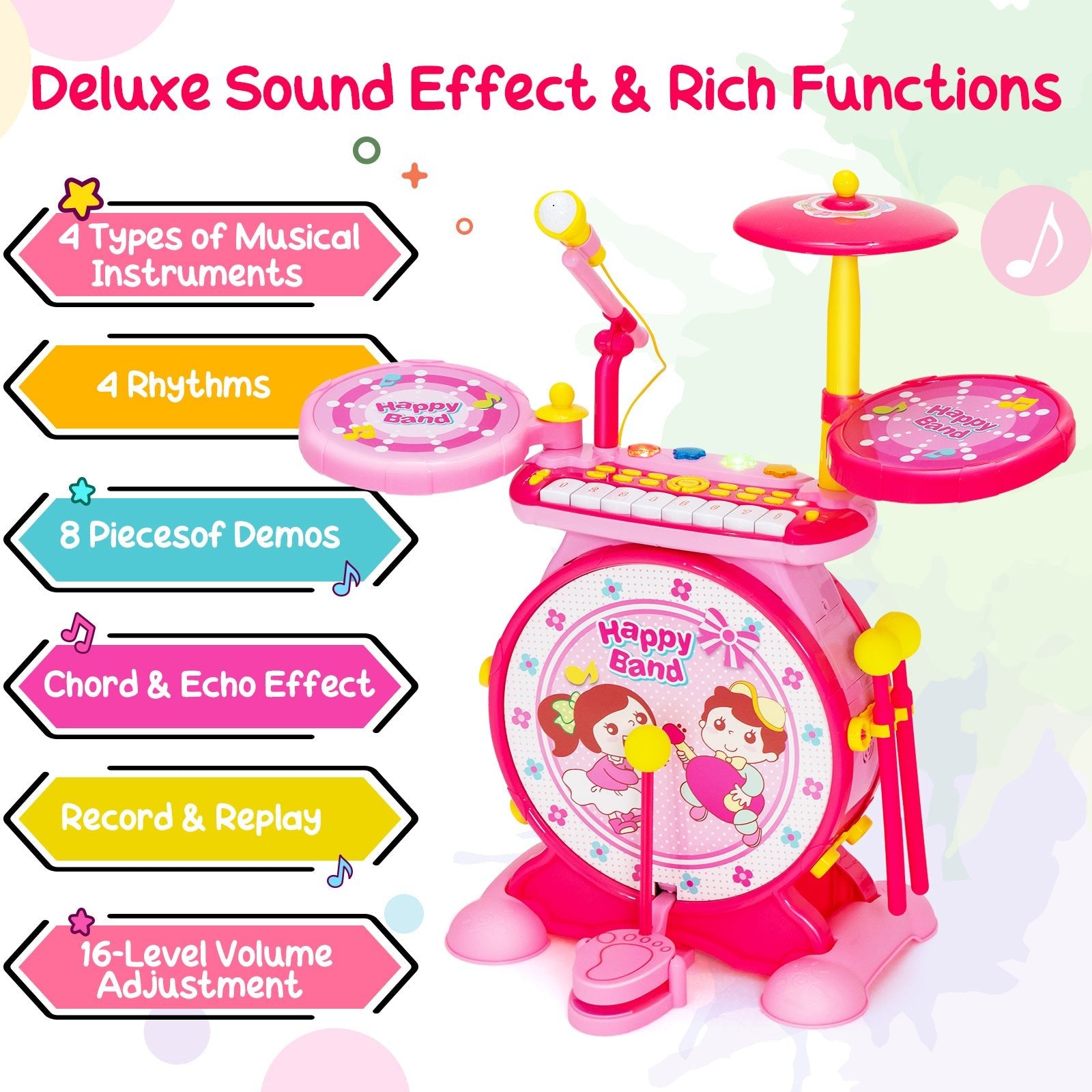 Kids Playful Pink Drum Kit - 2-in-1 Electronic Toy with Keyboard & Microphone