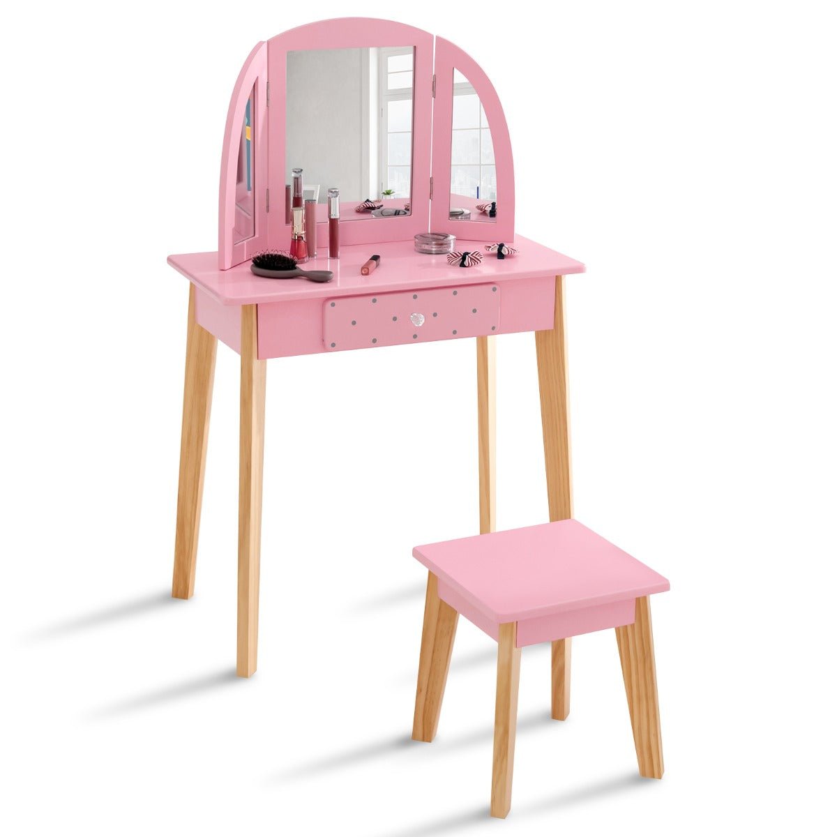 Girls' 2-in-1 Vanity Set with Tri-fold Mirror - Pink Delight and Wonder
