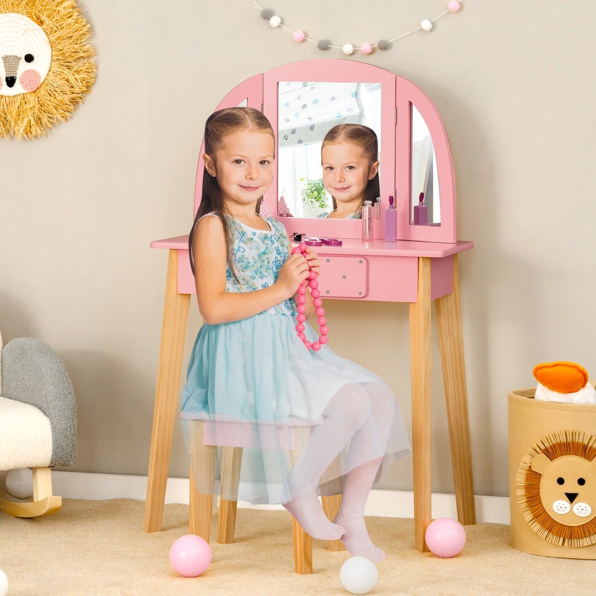 2 in 1 Kids Vanity Set with Mirror for Girls 3 7 Years Old Pink