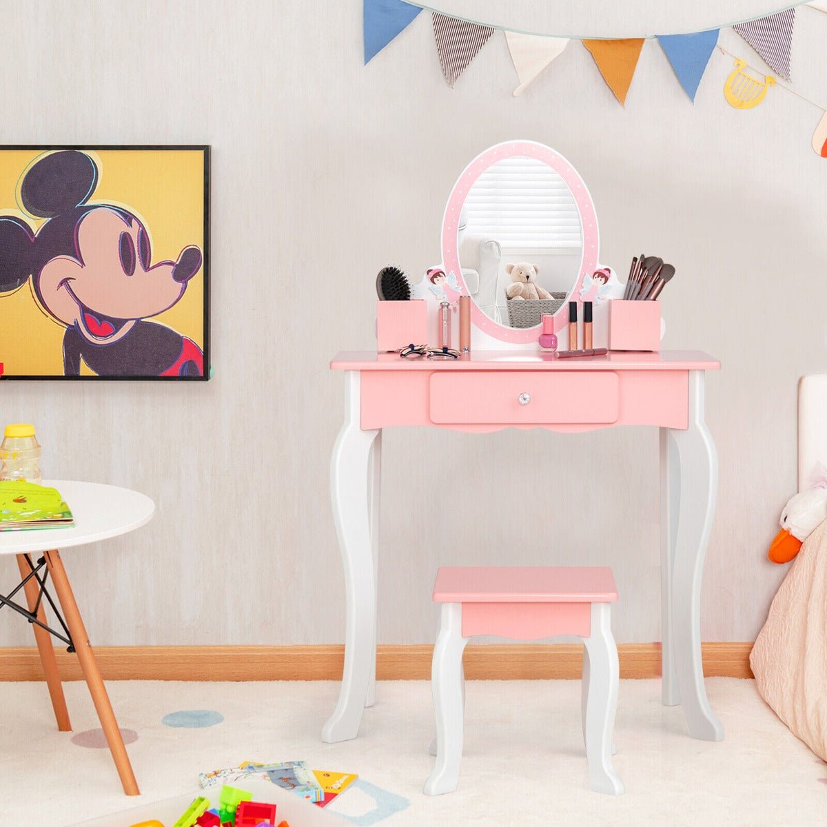 2-in-1 Kids Vanity Table and Stool Set with Mirror-Pink