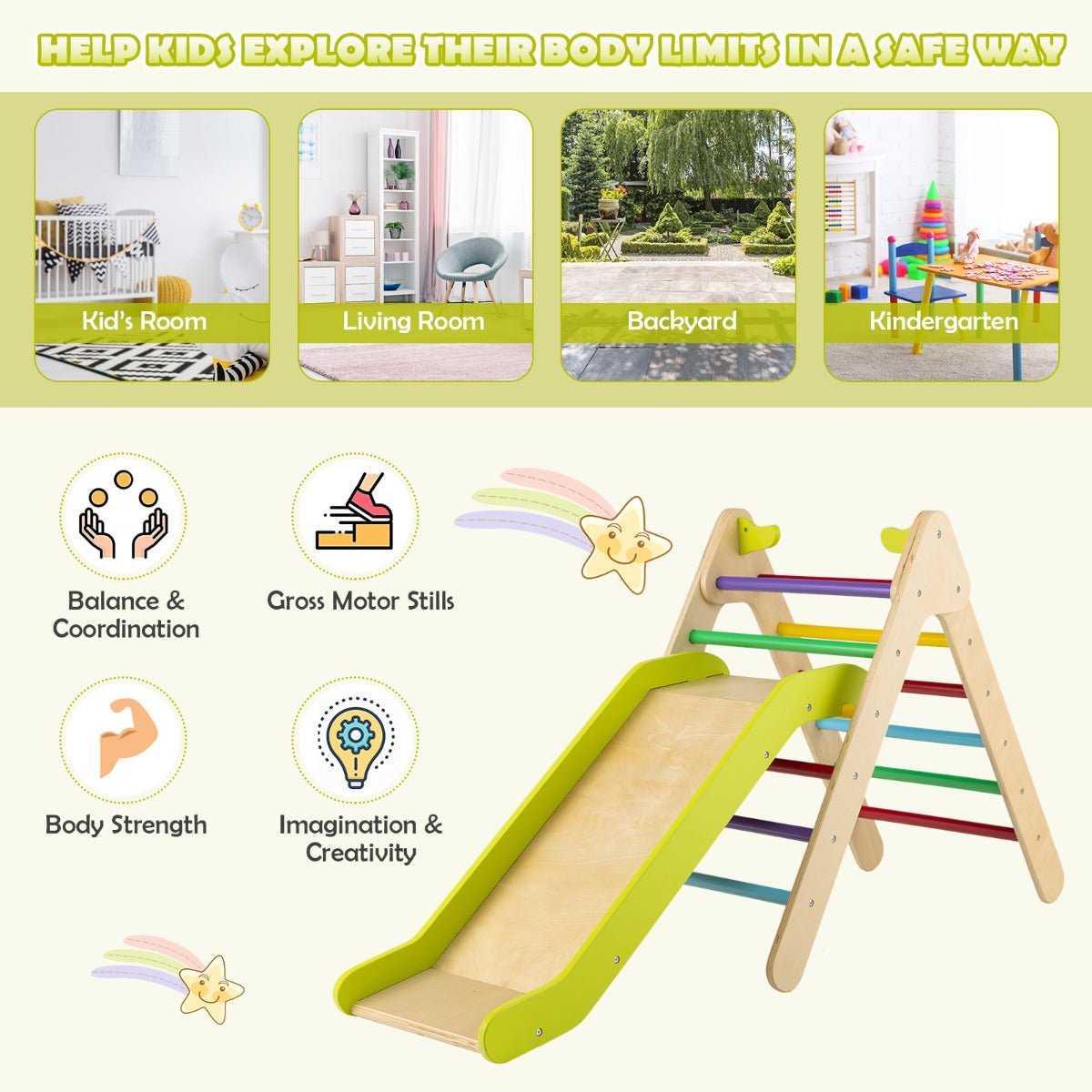 Kids Wooden Climbing Triangle Set - Slide and Climb for Fun