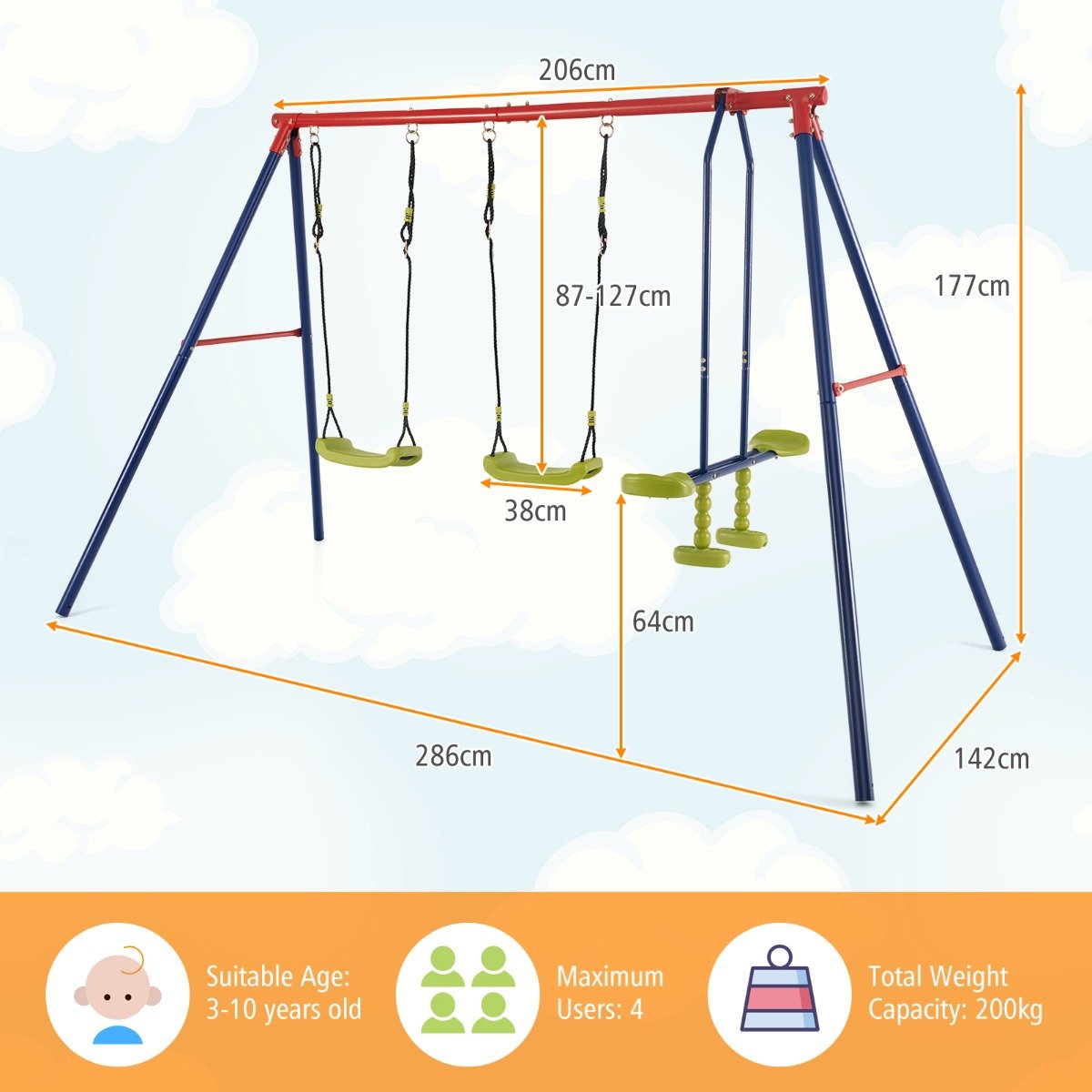 Height-Adjustable 2-in-1 Swing Set: Versatile Fun for Children