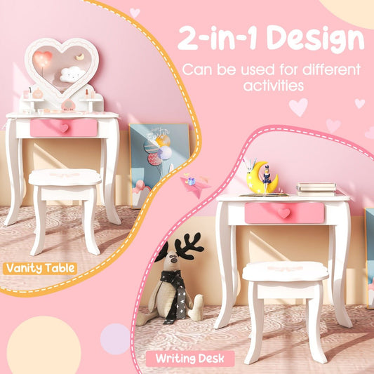 Kids vanity set with mirror and accessories for imaginative princess pretend play at home.