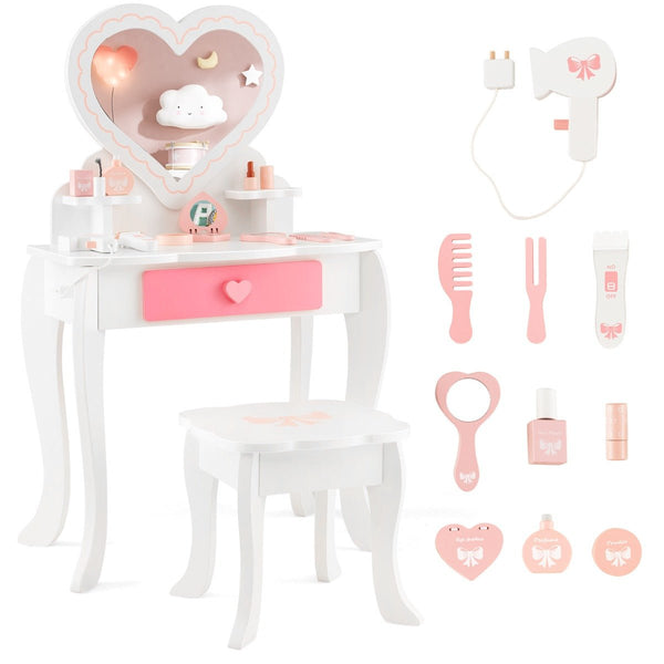 2 In 1 Princess Makeup Dressing Table with Heart-shaped Mirror for Toddlers