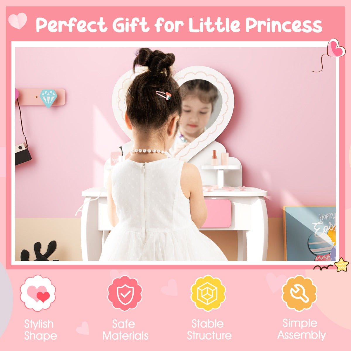 2 In 1 Princess Makeup Dressing Table with Heart-shaped Mirror for Toddlers