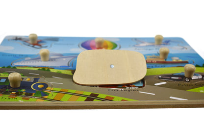 Colorful 2-in-1 transport peg puzzle for imaginative play and motor skills development.