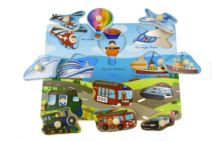 Colorful 2-in-1 transport peg puzzle for kids, ideal learning toy for home fun.