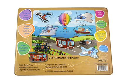 Colorful 2 in 1 puzzle toy for kids, featuring transportation theme. Great for motor skills.