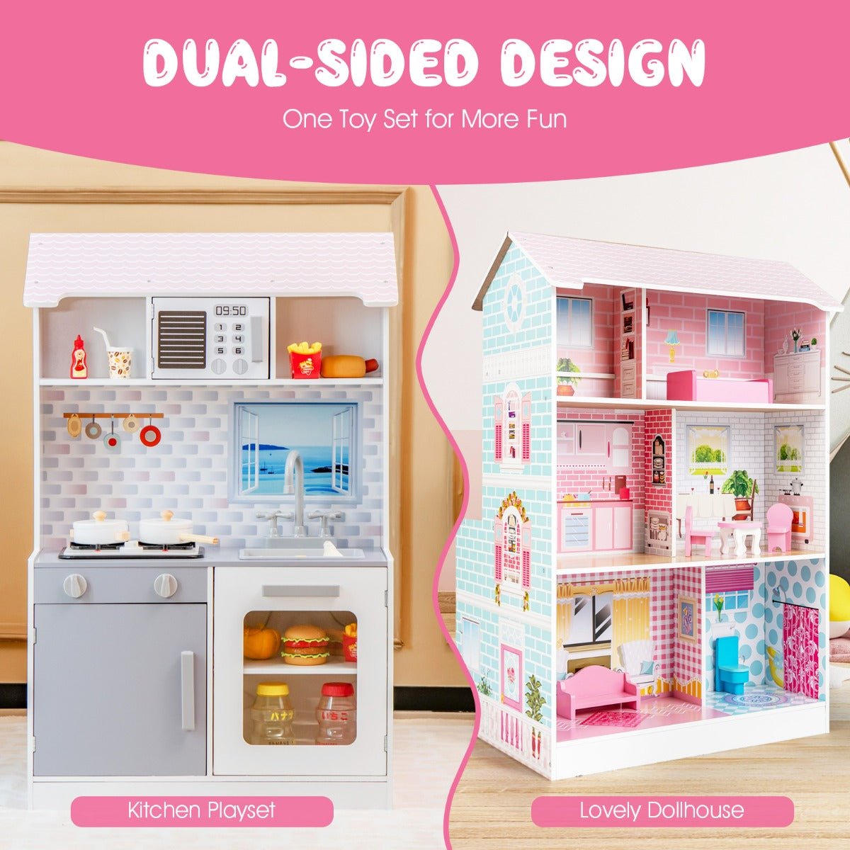 Creative Dual Play: 2 in 1 Wooden Doll House and Play Kitchen with Accessories