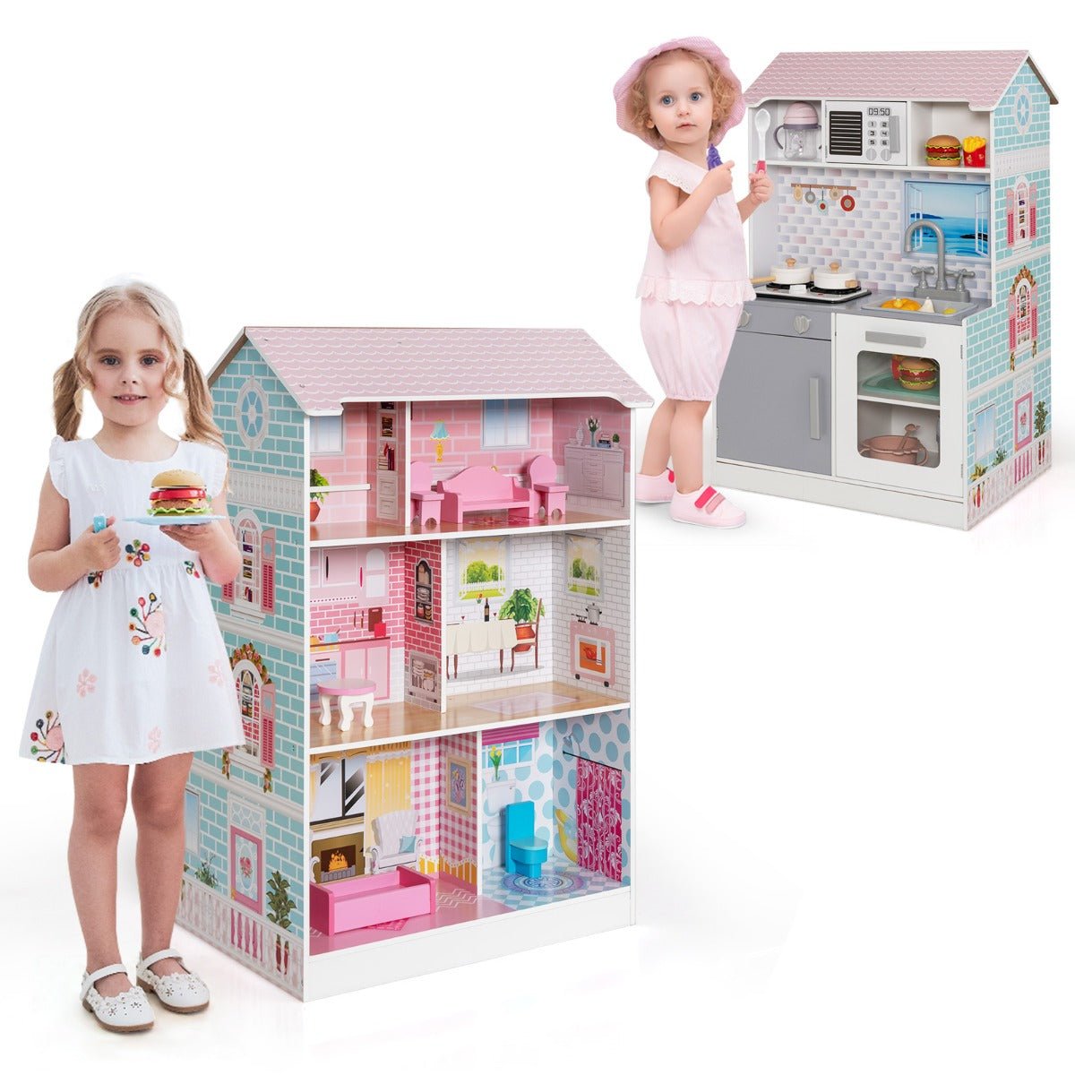 Playful Adventure Awaits: 2 in 1 Wooden Doll House and Play Kitchen with Accessories