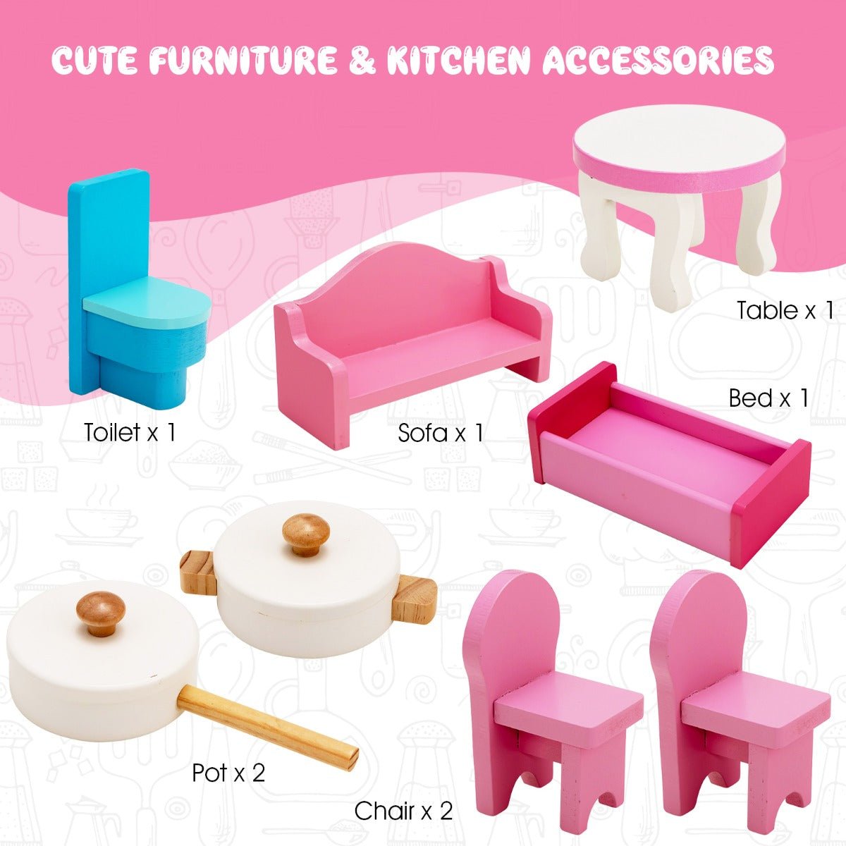 Doll House Magic: 2 in 1 Wooden Set with Play Kitchen and Accessories