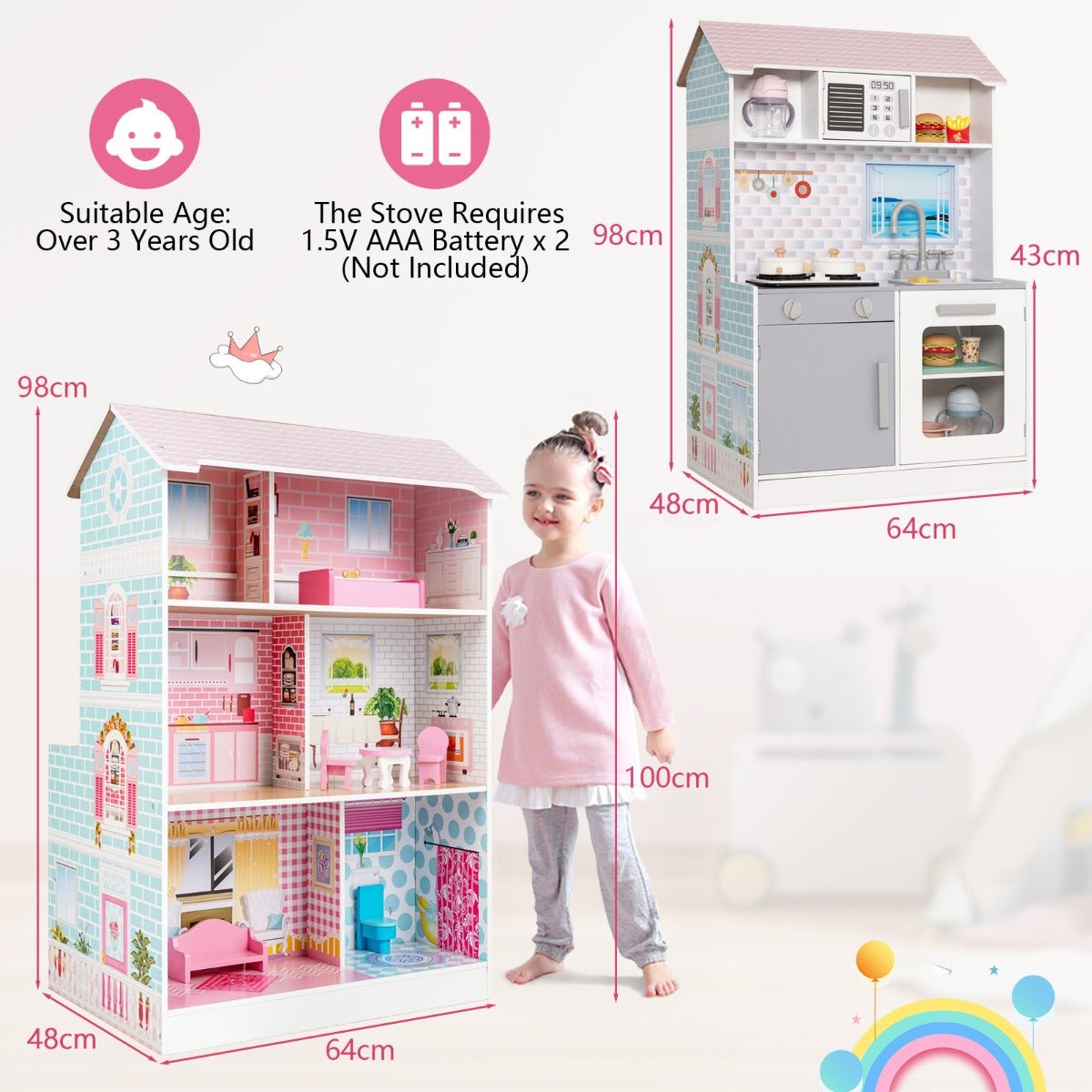 Imaginative Playtime: 2 in 1 Wooden Doll House and Play Kitchen with Accessories