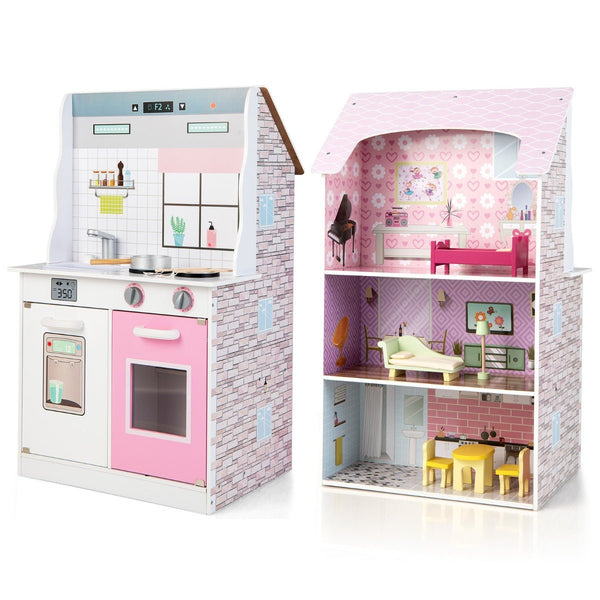 2-In-1 Wooden Pretend Dollhouse with Furniture and Kitchen for Kids