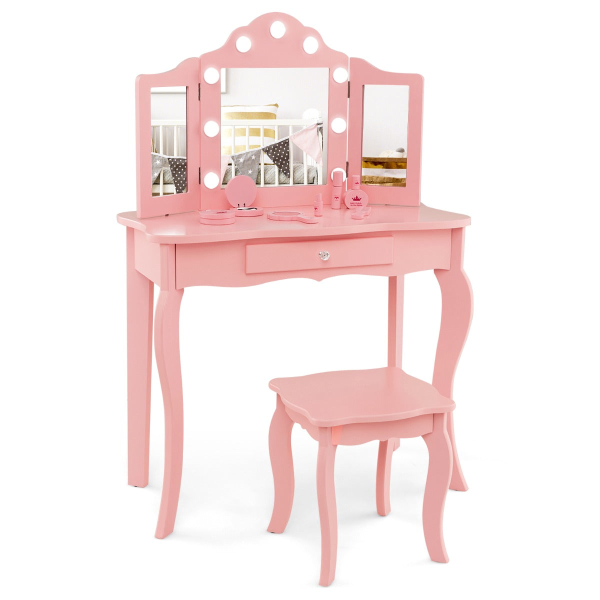 Pink vanity table set for kids with LED lights, perfect for playtime and grooming.