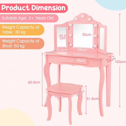 Kids pink vanity table set with LED lights for imaginative play and grooming fun.
