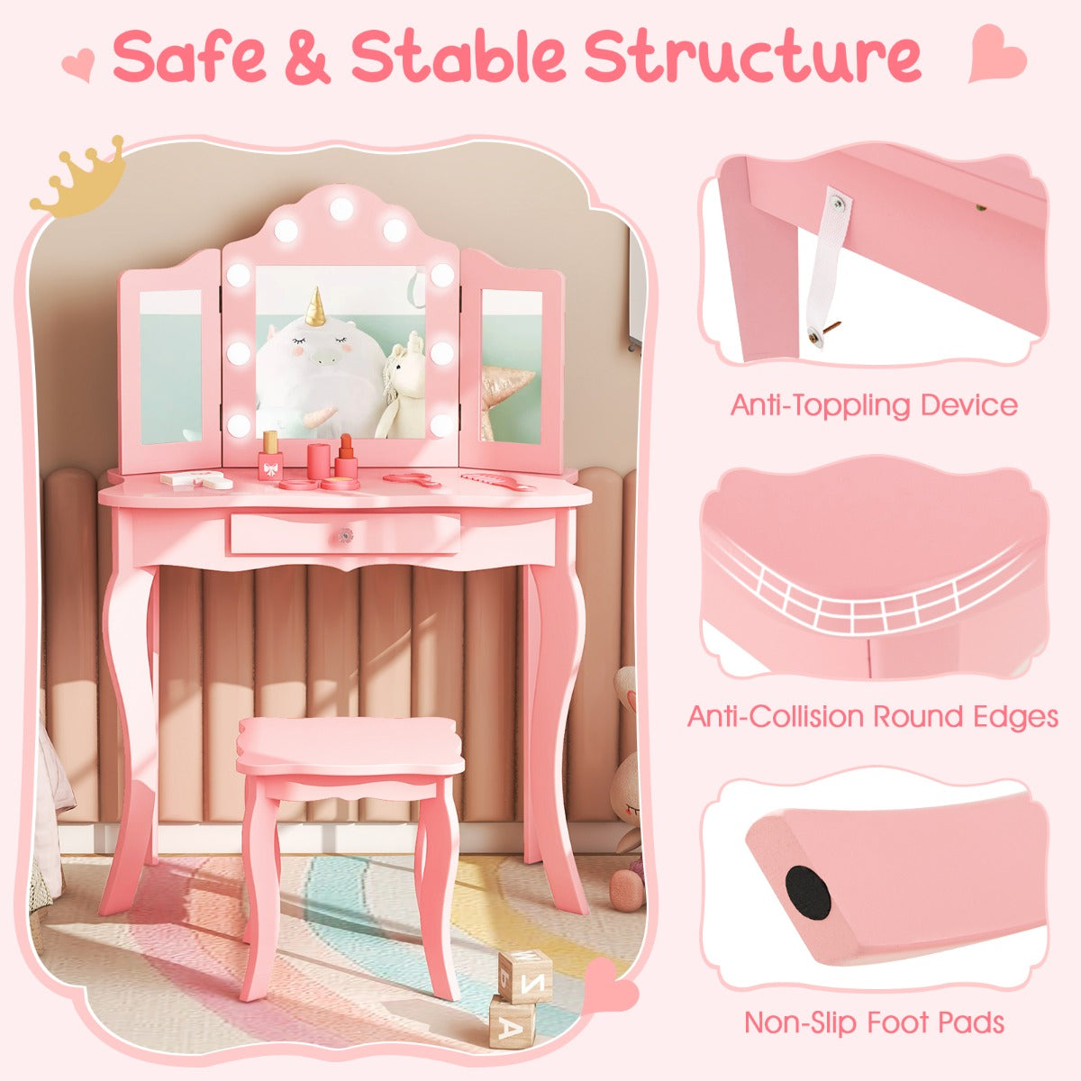 Kids pink vanity table and stool set with LED lights for imaginative play.