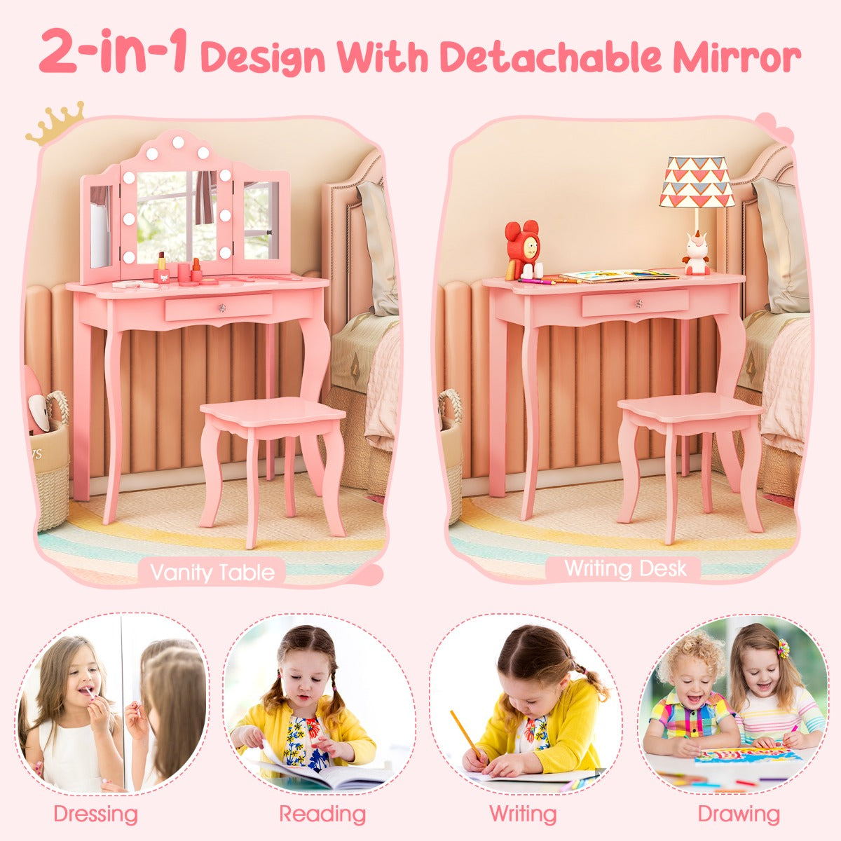 Kids vanity set with LED lights in pink, ideal for pretend play and grooming fun.