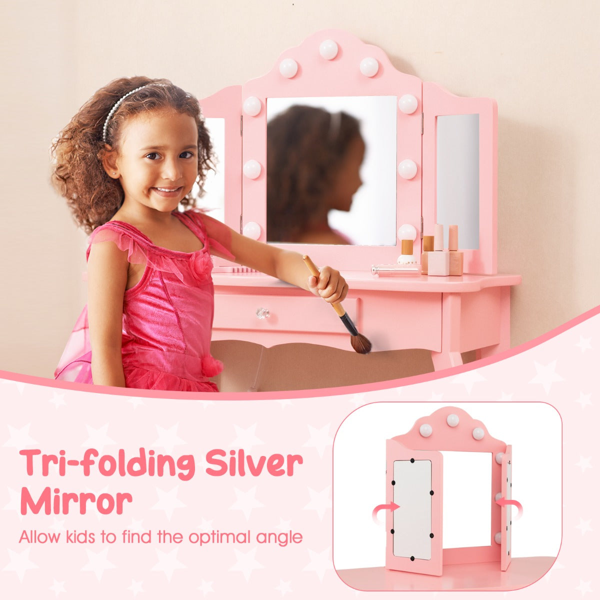 Kids vanity set with LED lights in pink, perfect for playtime and grooming fun.
