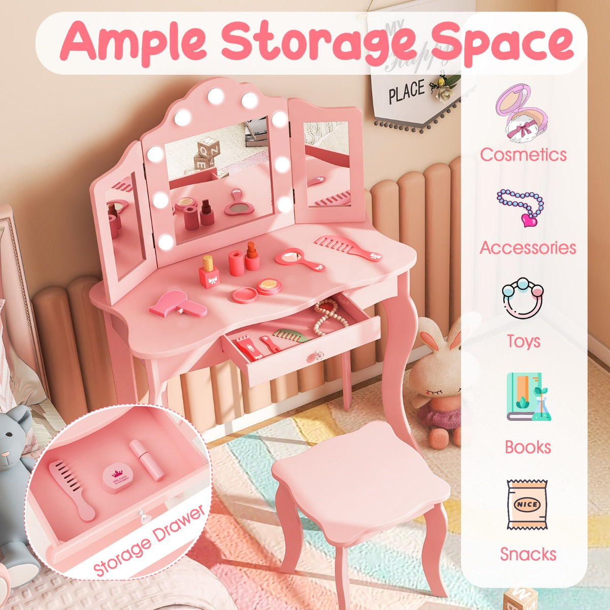 Kids vanity set with LED lights in playful pink - perfect for imaginative playtime.
