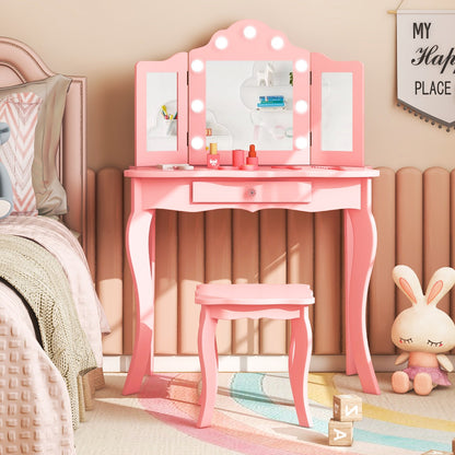 Kids vanity table set with LED lights in pink for imaginative playtime fun.