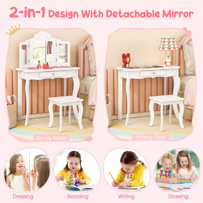 Childrens vanity table set with LED lights and storage for imaginative play and organization.