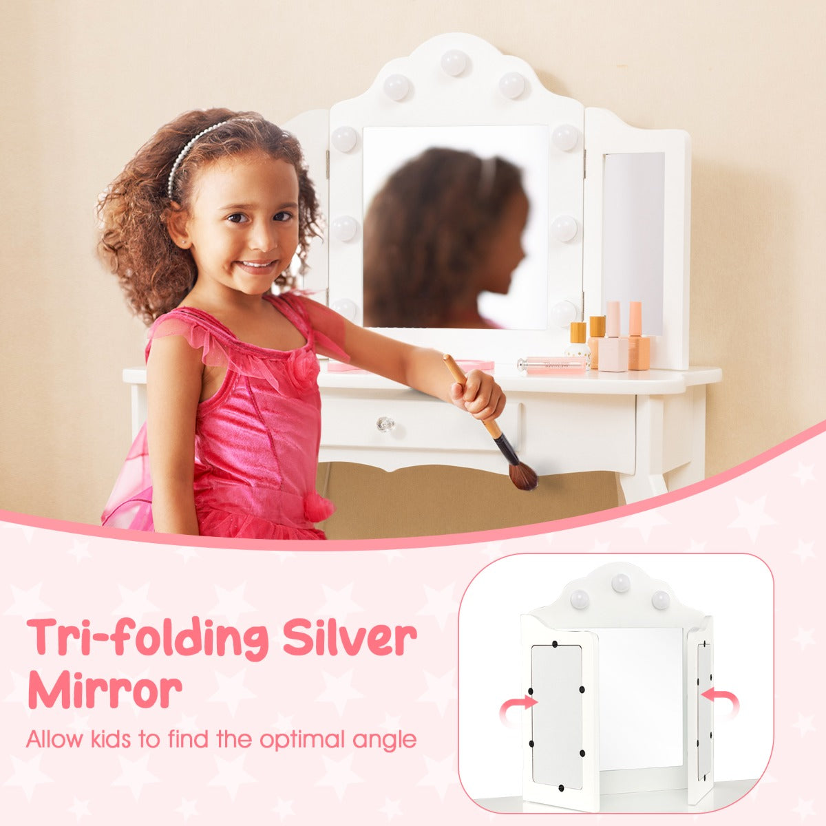 Kids vanity table set with LED lights and storage for fun, imaginative playtime.