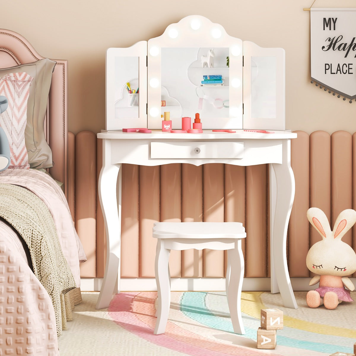 Kids vanity table set with LED lights and storage, perfect for imaginative playtime.