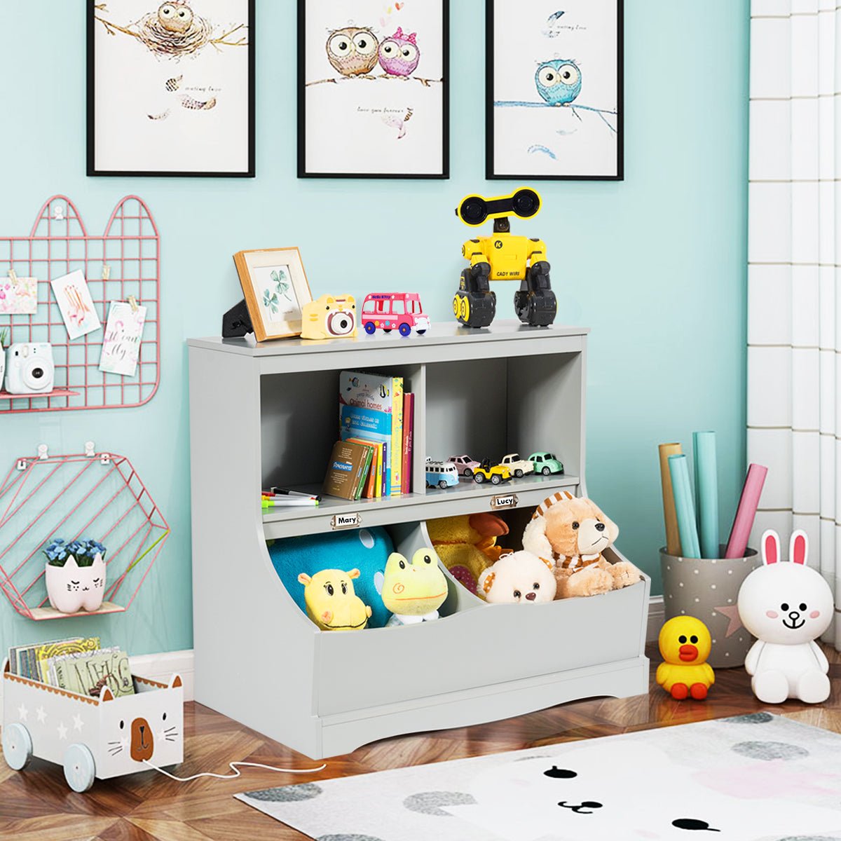 Organize in Grey - 2 Tier Toy Shelf with Lacquered Surface for Kids