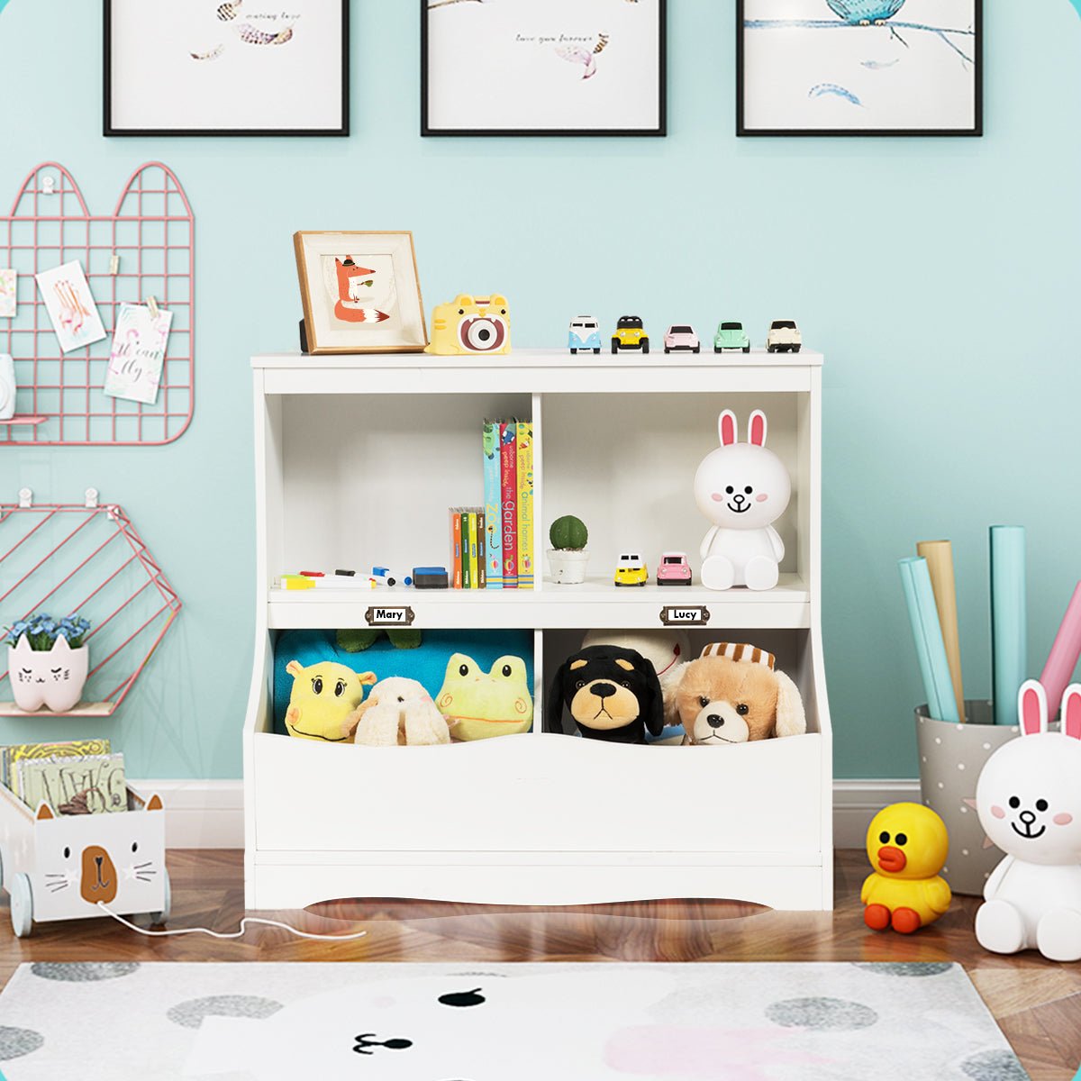  Neatly Display Toys - 2 Tier Toy Shelf with Lacquered Surface for Kids