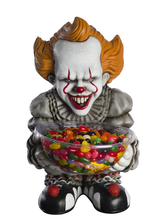 Creepy IT Pennywise statue candy bowl holder perfect for spooky Halloween treats.