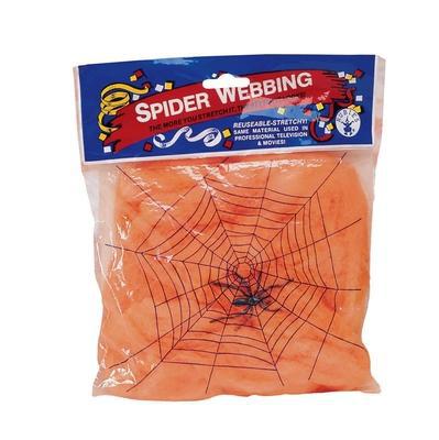 Spooky 4M long orange spider web decoration kit with plastic spiders for kids Halloween fun.