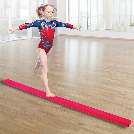 8FT Pink Folding Gymnastics Balance Beam, perfect for kids home practice, synthetic suede surface.