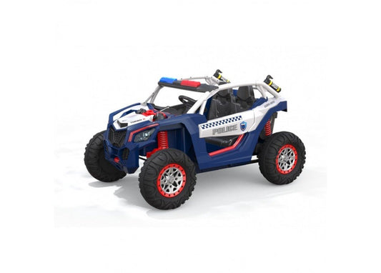 Blue 24V Police Beach Buggy Kids Ride On Toy - Two Seater for outdoor fun.