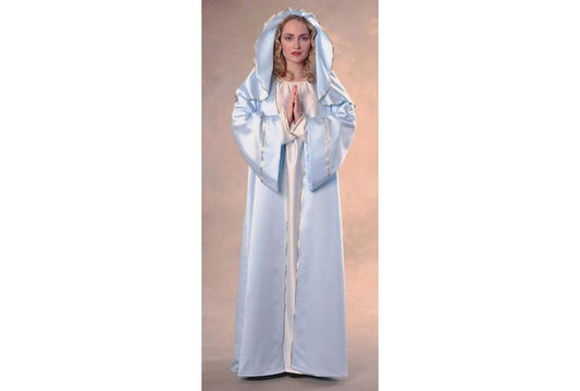 Mary biblical costume for adults, long blue dress with hood, ideal for childrens playtime.