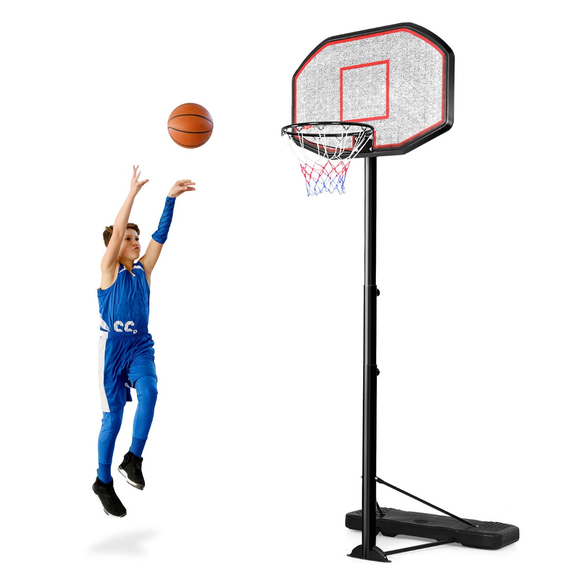 Kids basketball hoop stand, 2m-3m height, adjustable with wheels for home play.