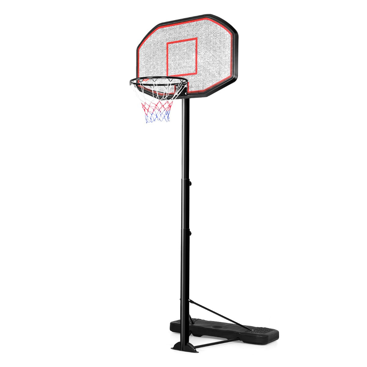 Adjustable kids basketball hoop stand with wheels, customizable height range 2m-3m for indoor/outdoor play.