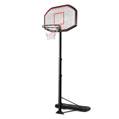 Adjustable kids basketball hoop stand with wheels, customizable height range 2m-3m for indoor/outdoor play.