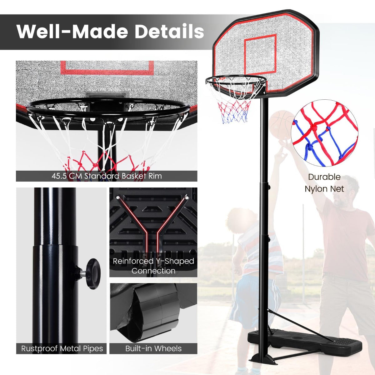 Kids basketball hoop stand, adjustable height 2m-3m, with wheels for easy moves. Home fun.