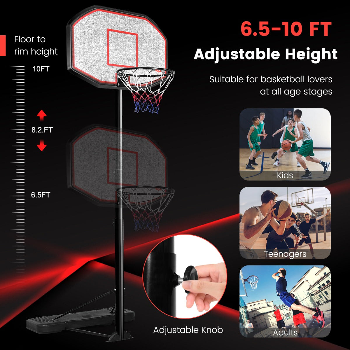 Adjustable kids basketball hoop stand on wheels, height ranges from 2m to 3m.