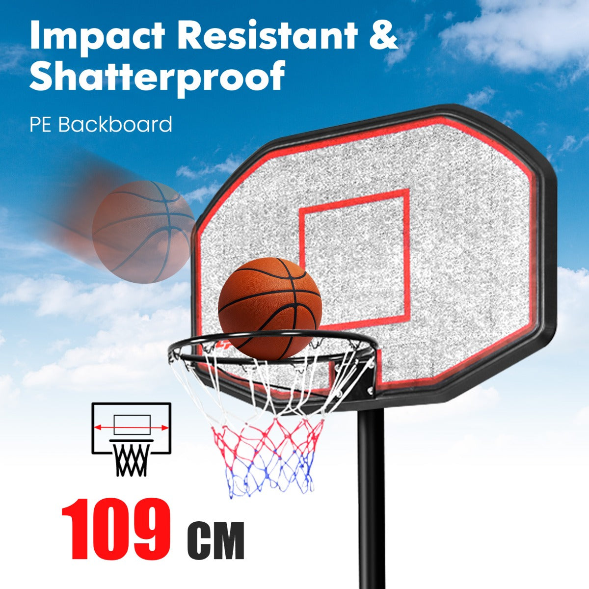 Adjustable Kids Basketball Hoop Stand with Wheels 2m-3m ideal for indoor/outdoor play.